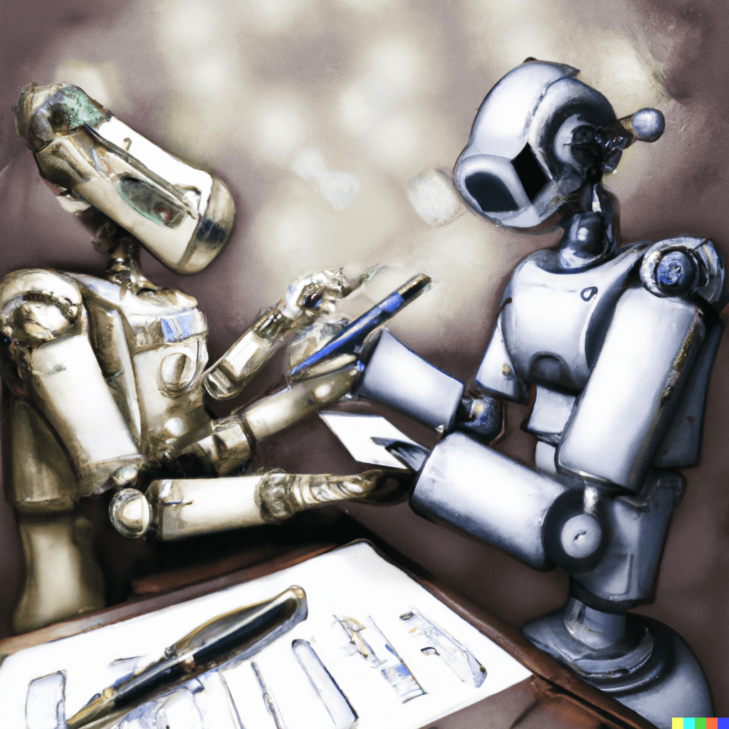two robots helping eachother write 