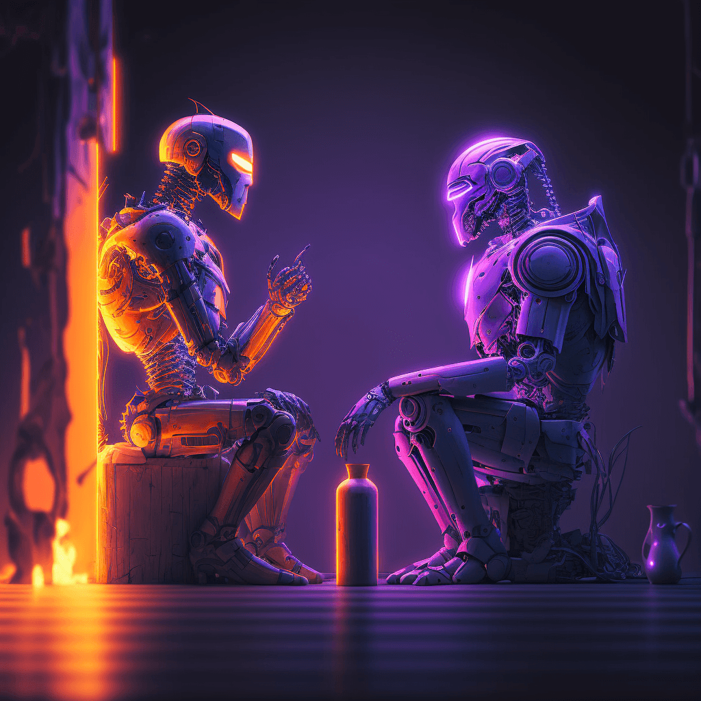 robot and human discussing what it means to be smart, ambient lighting, 8k, purple, orange, light blue, 8k, v4, stylize 750