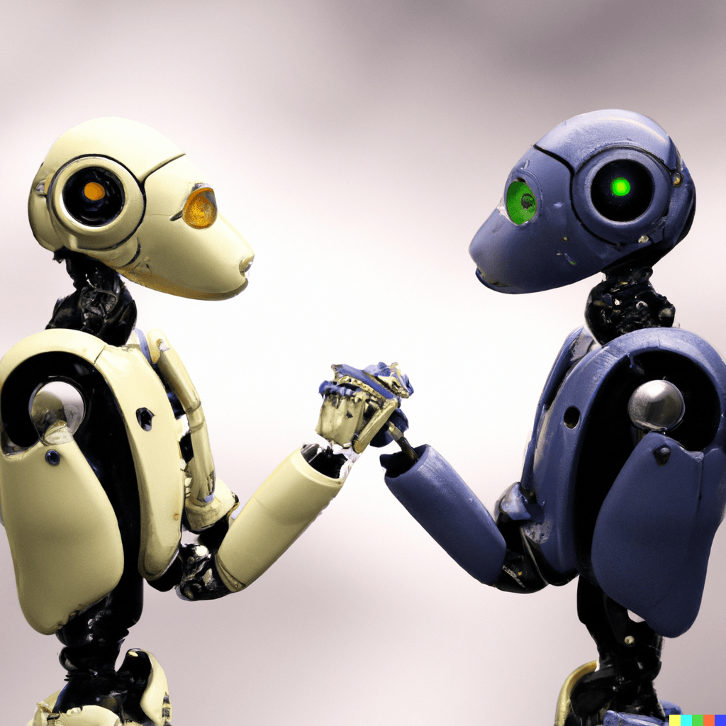 two robot roofers making a promise to eachother