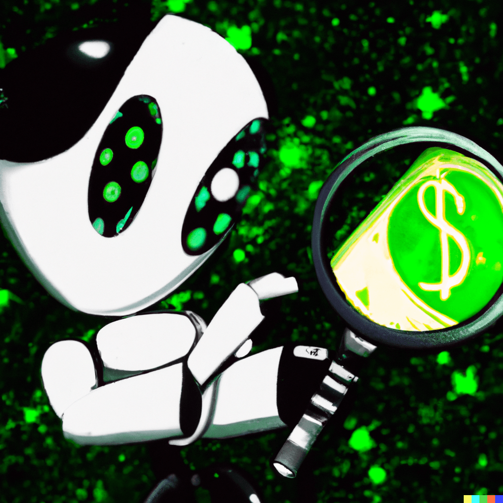 robot with magnifying glass making money