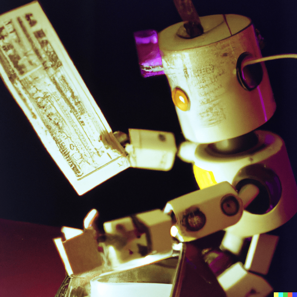 robot handing out old movie tickets