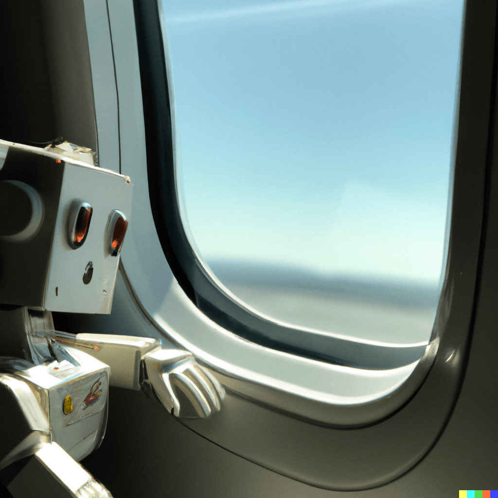 robot looking out airplane window