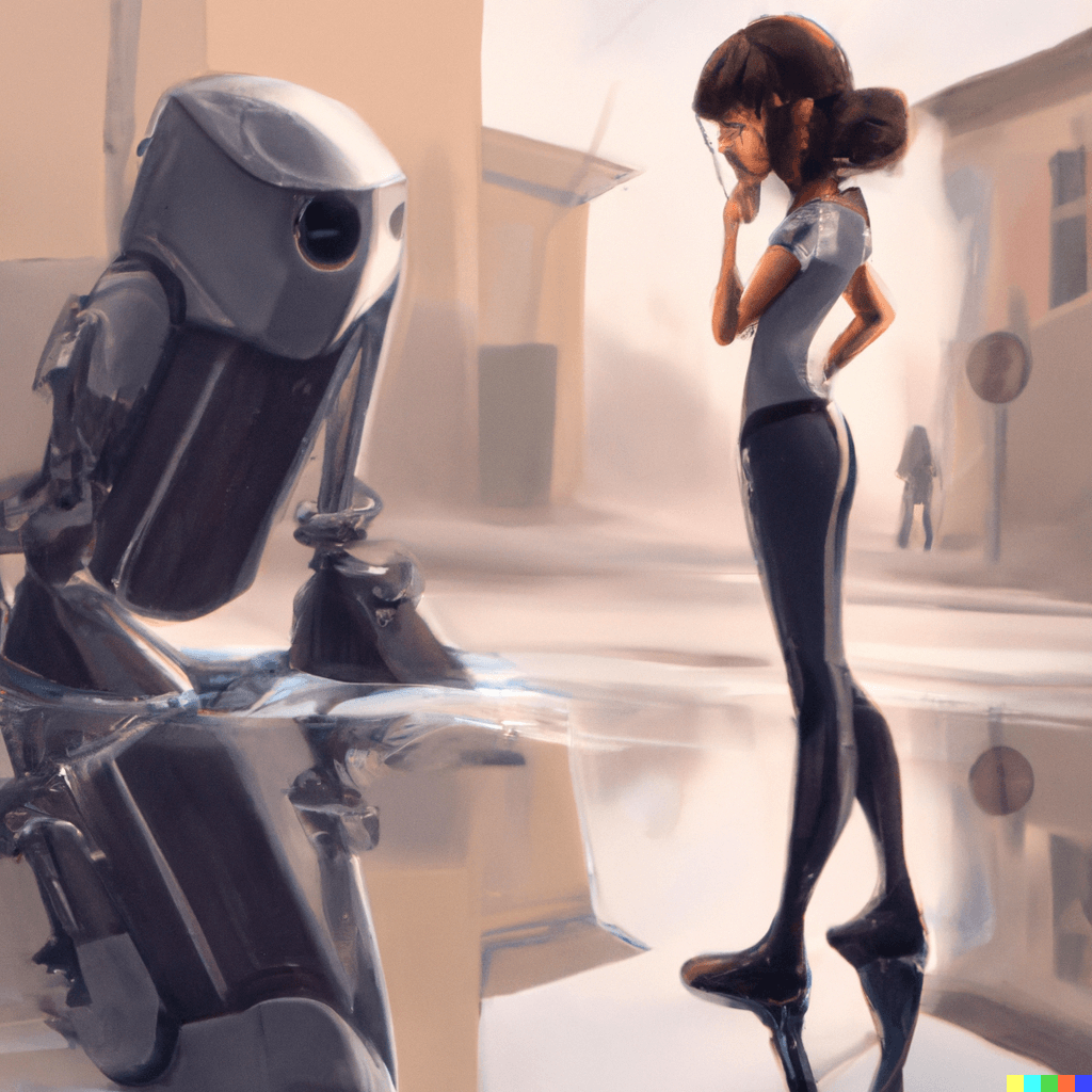 woman looking into her reflection with a robot